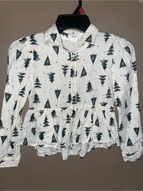 Girls' White Peplum Button-Up Top with Green Xmas Tree Print Ruffle Bottom Sz 8